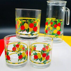 60s COVETRO Italy Glass Pitcher with Drinking Glasses Cherry Lemonade Patio Set